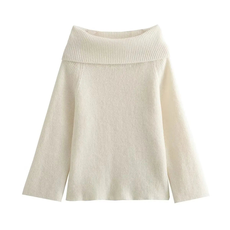 Simple Knitted Sweater for Woman Slash Neck Long Sleeve Loose Pullover Autumn Basic Jumper
