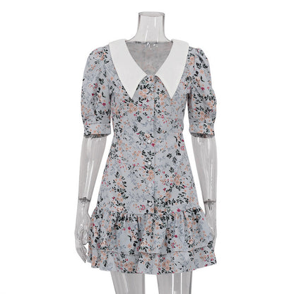 Short Sleeve Mini Dress for Robe Turn-down Collar French Dress High Waist Dresses