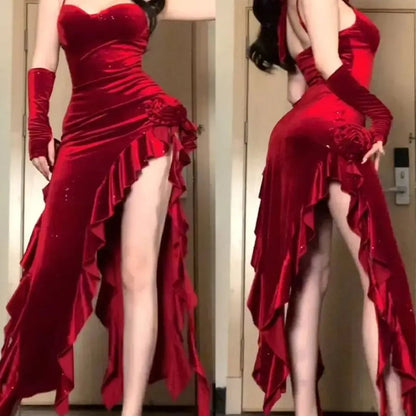 Christmas Limited Dress Red Rose Onepiece Female Sleeveless Y2k Long Dress Female Offshoulder Retro Irregular Dress