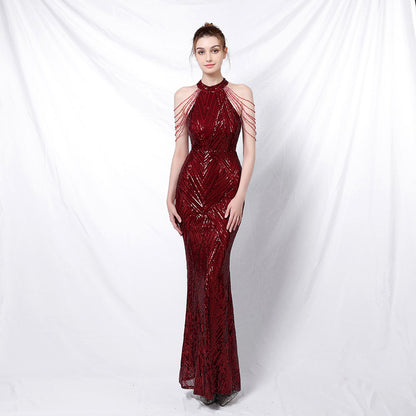 Halter Neck Sequined Evening Dresses Crystal Tassel Hip Skirt Sleeveless Rhinestone Decoration Long Dress