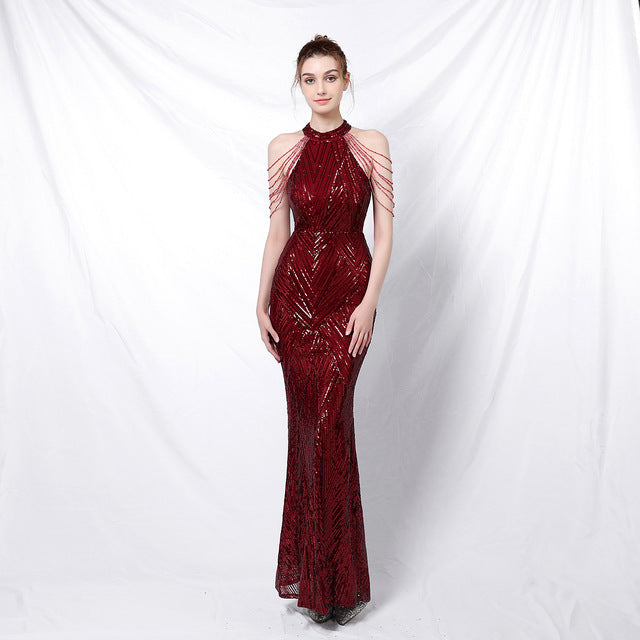 Halter Neck Sequined Evening Dresses Crystal Tassel Hip Skirt Sleeveless Rhinestone Decoration Long Dress