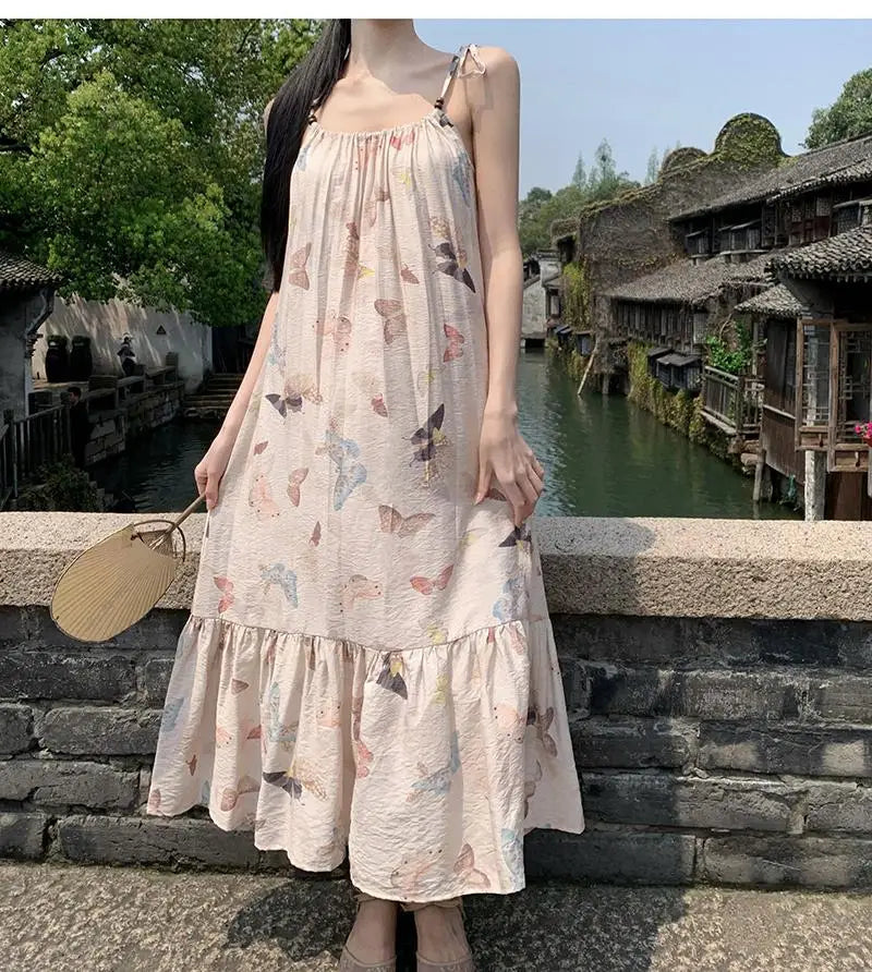 Butterfly Print Party Pleated Long Dress for Summer Club Beige Backless Bandage Slip Vestidos Robe