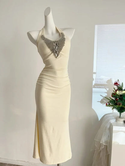 Sweet Hot Girl Diamond Halterneck Dress for Autumn Slim Fit Wrap Hip Mermaid Long Dress Female Clothes