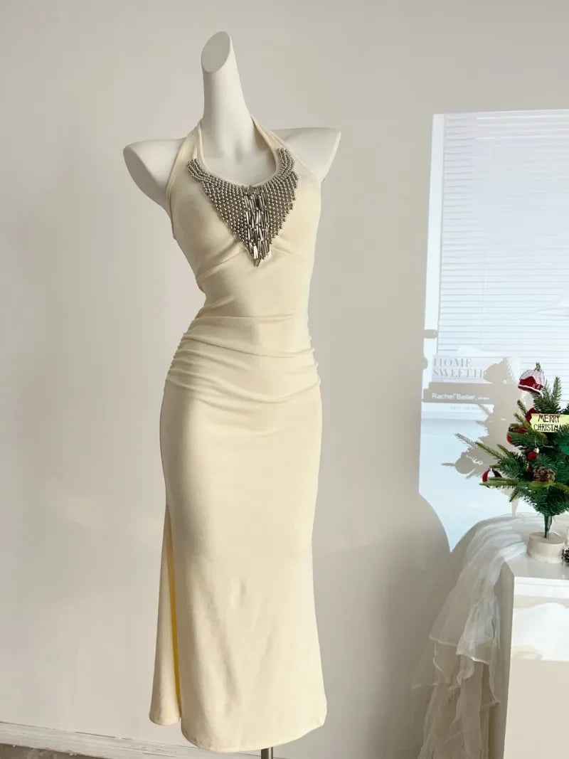 Sweet Hot Girl Diamond Halterneck Dress for Autumn Slim Fit Wrap Hip Mermaid Long Dress Female Clothes