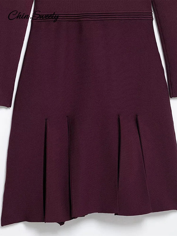 Knit Burgundy Red A-line Mini Dress O-neck Long Sleeves Pleat Party Dresses Female Spring New Pockets Button Vestidos