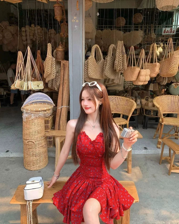 Woman Dresses Printed Sleeveless Halter Irregular Ruffles Bow Bandage Backless Mini Dress Sweet Party