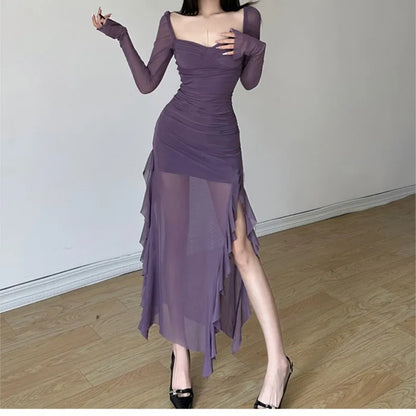 High Slit Bodycon Midi Dresses for Square Collar Long Sleeve Slim Evening Party Dress Club Prom Robe Y2k Vestidos New