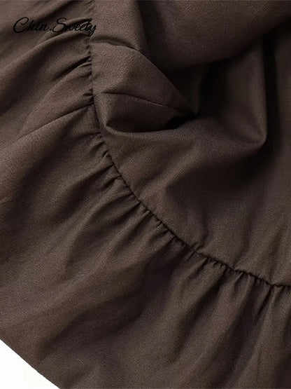Knitted Patchwork Brown A-line Dress O-neck Short Sleeves Pleated Ruffles Mini Dresses Lady Vestidos