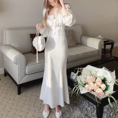 Autumn New Bodycon Midi Dresses for Puff Sleeve Square Collar High Split Office Lady Korean Evening Party Dress