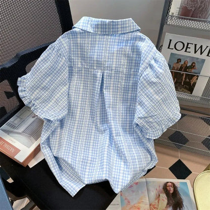 Harajuku Sweet Blue Plaid Shirts Summer Puff Sleeve Ruffles Blouses Y2k Grunge Single Breasted Blusas Mujer