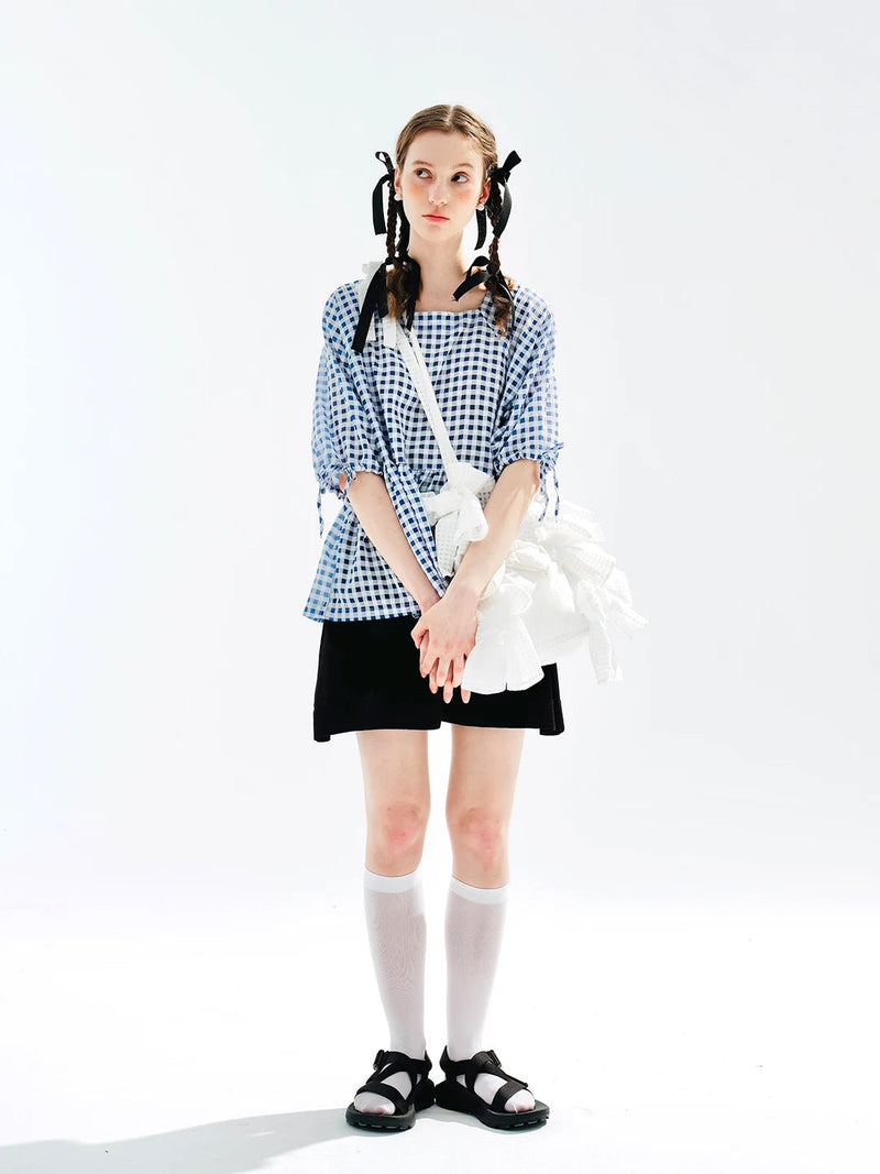 Plaid Lace-up Short Sleeve T-shirt Blouse