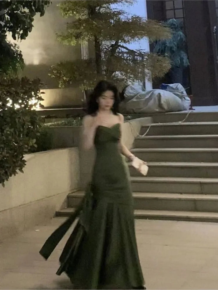 French Highend Design Sling Backless Waist Slimfit Bag Hip Pleated Bow Fishtail Long Dress Banquet Evening Dress