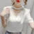Summer Style Blouses Shirts Lady Puff Short Sleeve Beading O-neck Pearl Blouses Tops