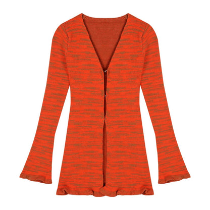 Y2k Orange Striped Suit Fungus Edge Longsleeved Knitted Cardigan Autumn Short Skirt 2piece Set