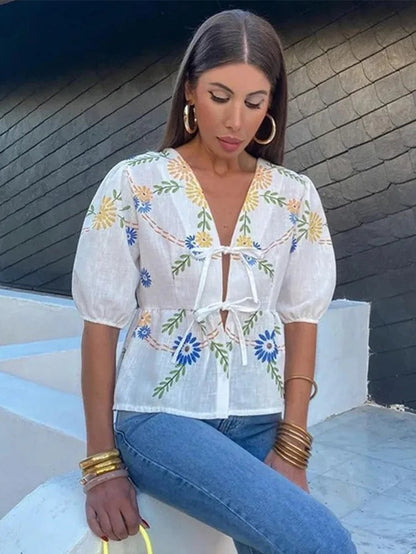 Summer Printed Short Sleeves Shirt Vneck Bow Laceup Cropped Top Female Sweet Blouse Top