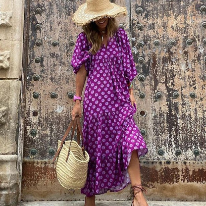 Puff Sleeve Maxi Dress Print V-neck Loose Holiday Beach Party Vestidos