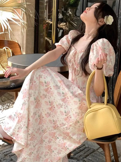 Summer Printed Midi Dress Off Shoulder Puff Sleeve Fairy Aline Dresses Korean Fahion Vestidos Mujer