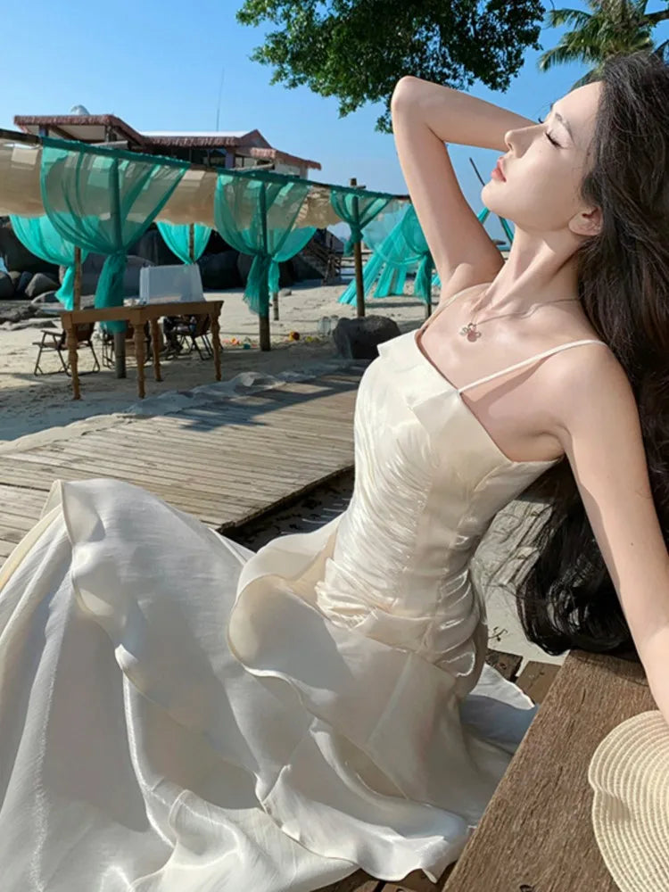 Ruffles Birthday Party Dresses Summer Irregular Spaghetti Strap Sleeveless Long Dress Slim Holiday Beach Vestidos