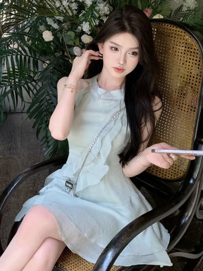 French Mini Dress Ruffles Slim Waist One Piece Clothes Chiffon Summer Outfits New Female Vestidos