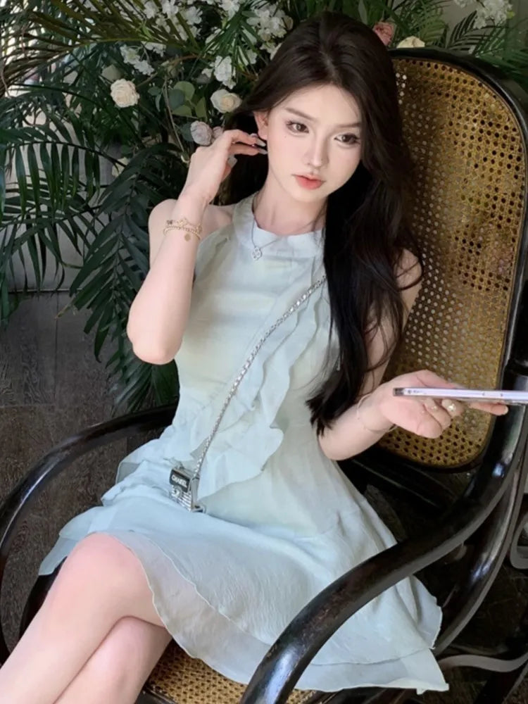 French Mini Dress Ruffles Slim Waist One Piece Clothes Chiffon Summer Outfits New Female Vestidos
