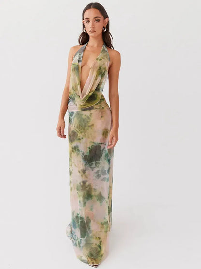 Printed Lace Up Deep Vneck Halter Dress Backless Sleeveless Long Dresses Summer Party Beach Vacation Vestido