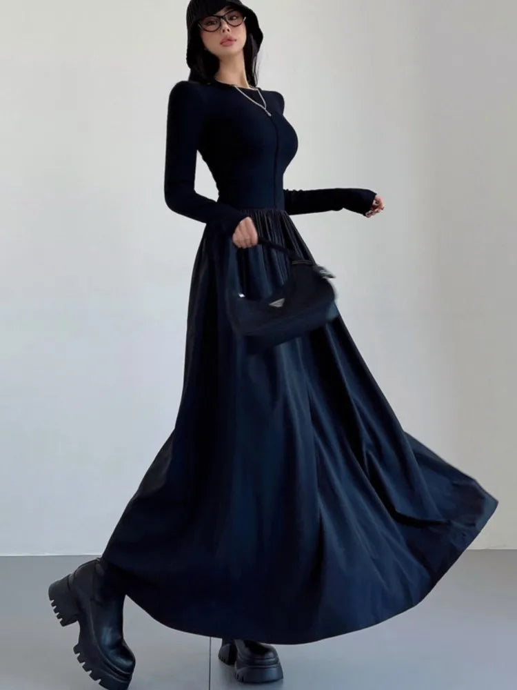 Patchwork Long Dresses for O-neck Long Sleeves A-line Autumn Spring Korean One Piece Vestidos Mujer New