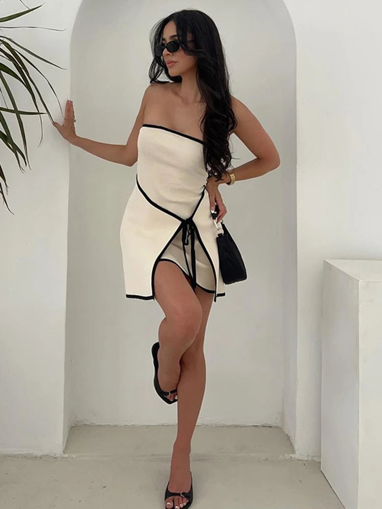 Slim Knitted Tube Top Dress Woman Contrast Color Splice Sleeveless Mini Dress Beach Holiday Dresses