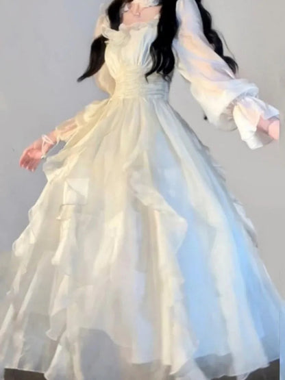 Ruffles Fairy Dresses Korean Slim Wasit a Line Midi Dress Spring Summer Princess Party Vestidos