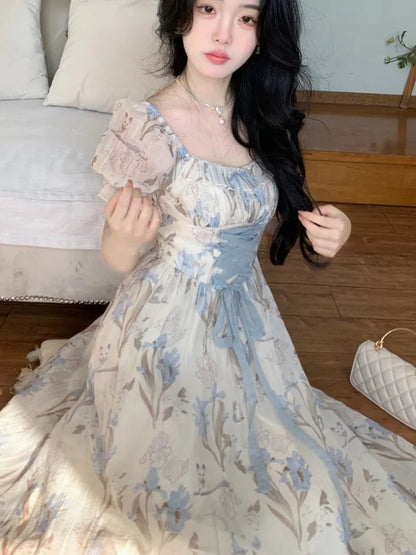 Y2k Midi Dress Kawaii Lolita Laceup Square Collar High Waist Princess Evening Party Dresses Prom Robe Vestido New