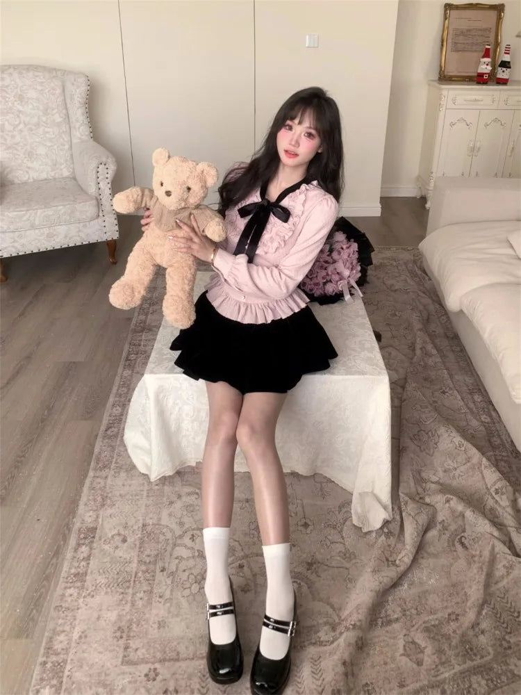 Shirts Sweet Bow Bandage Ruffles Patchwork Long Sleeve Button Slim Crop Tops Spring Female Blouse