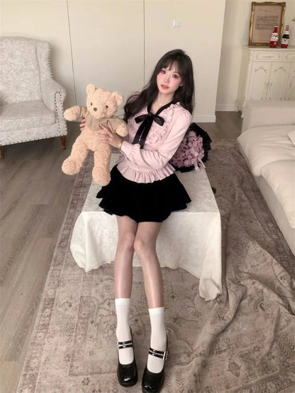 Shirts Sweet Bow Bandage Ruffles Patchwork Long Sleeve Button Slim Crop Tops Spring Female Blouse