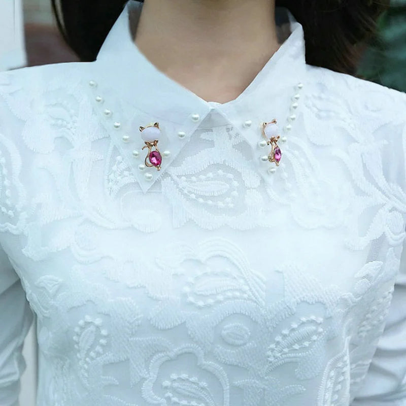 Spring Autumn Style Lace Blouses Shirts Lady Peter Pan Collar Long Sleeve Beading Blusas Top Df1758