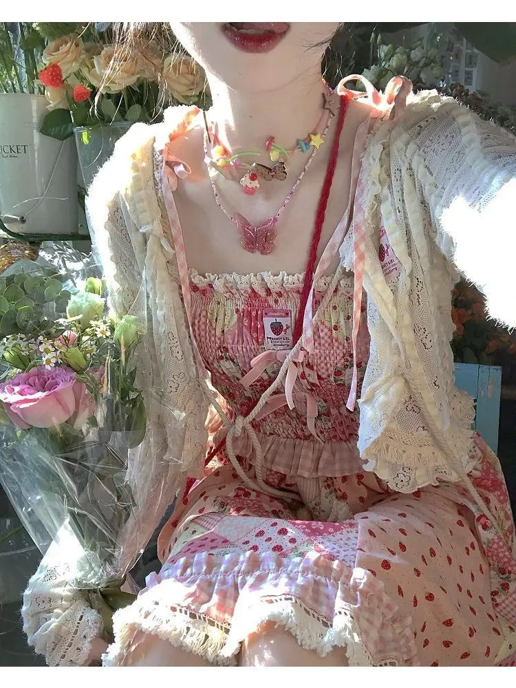 Japan Kawaii Dress Strawberry Stitching Suspender Skirt Laceup Cardigan Japanese Style Sweet