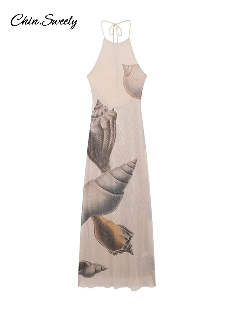 Print Backless Tulle Long Dresses for Halter Lace Up Sleeveless Holiday Dresses Slim Beach Vacation Robes