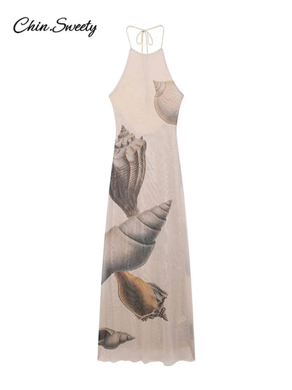 Print Backless Tulle Long Dresses for Halter Lace Up Sleeveless Holiday Dresses Slim Beach Vacation Robes