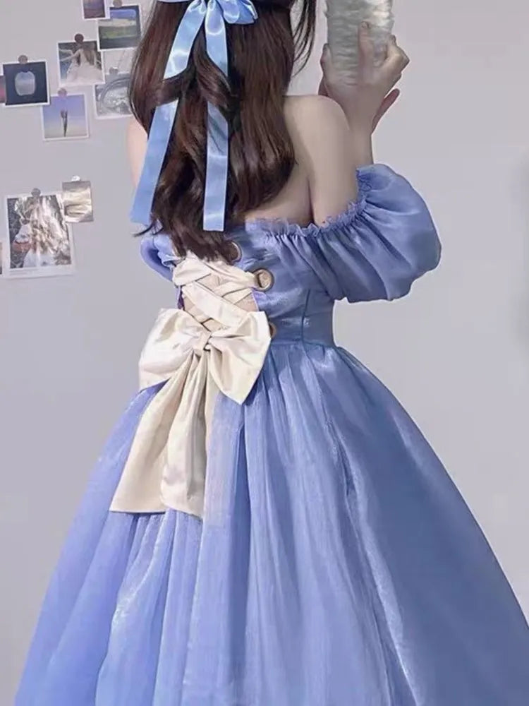 French Blue Fairy Evening Dresses for Square Collar Birthday Party Midi Dress Summer Aline Vestidos Robe