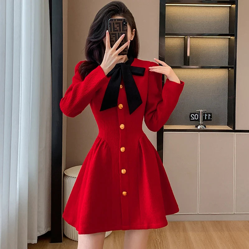 New Tweed Pleated Mini Dress Autumn Long Sleeve Korean Style Single Breasted Ruffle Office Lady Dresses