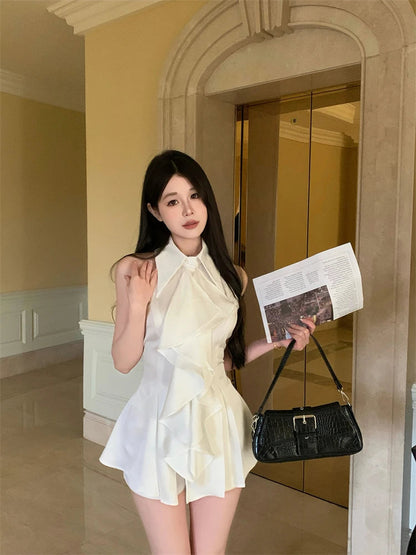 White Ruffle Edge Polo Neck Sleeveless Shirt Top Summer French Style Mid Length Waist Slim Blouses Clothing