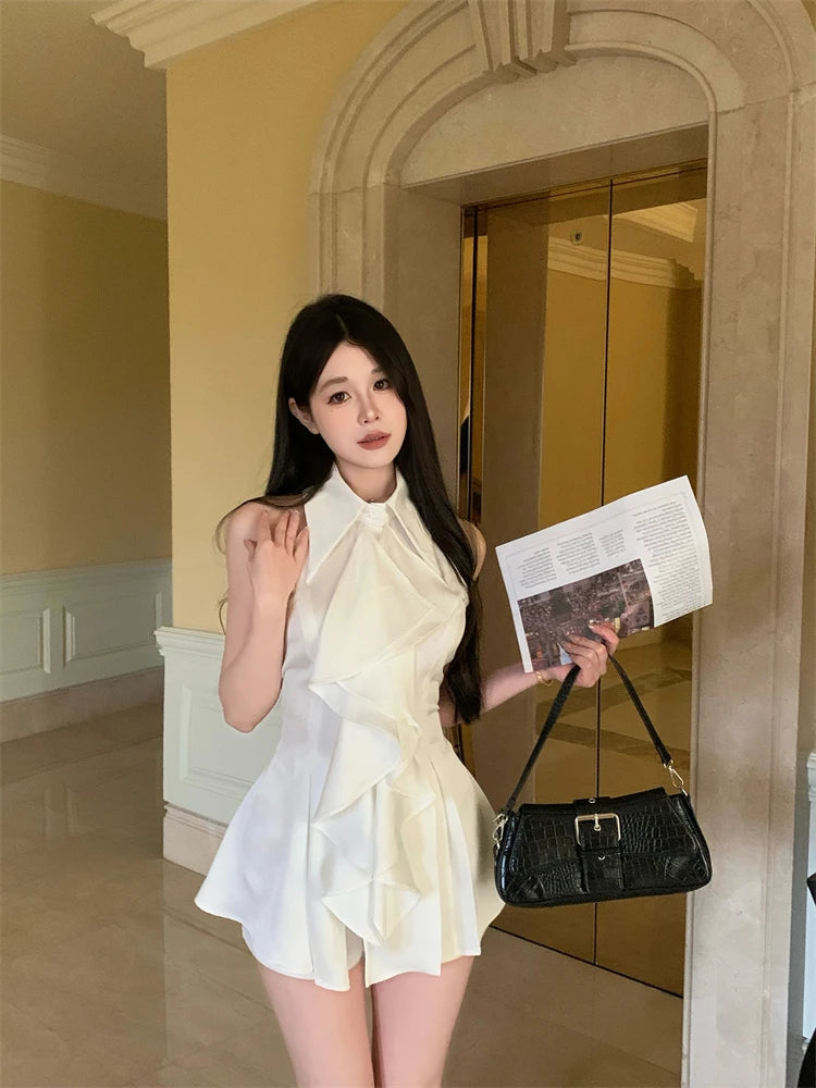 White Shirts&blouses Ruffles Korean Spring Summer Blusas Mujer Sleeveless Camisas