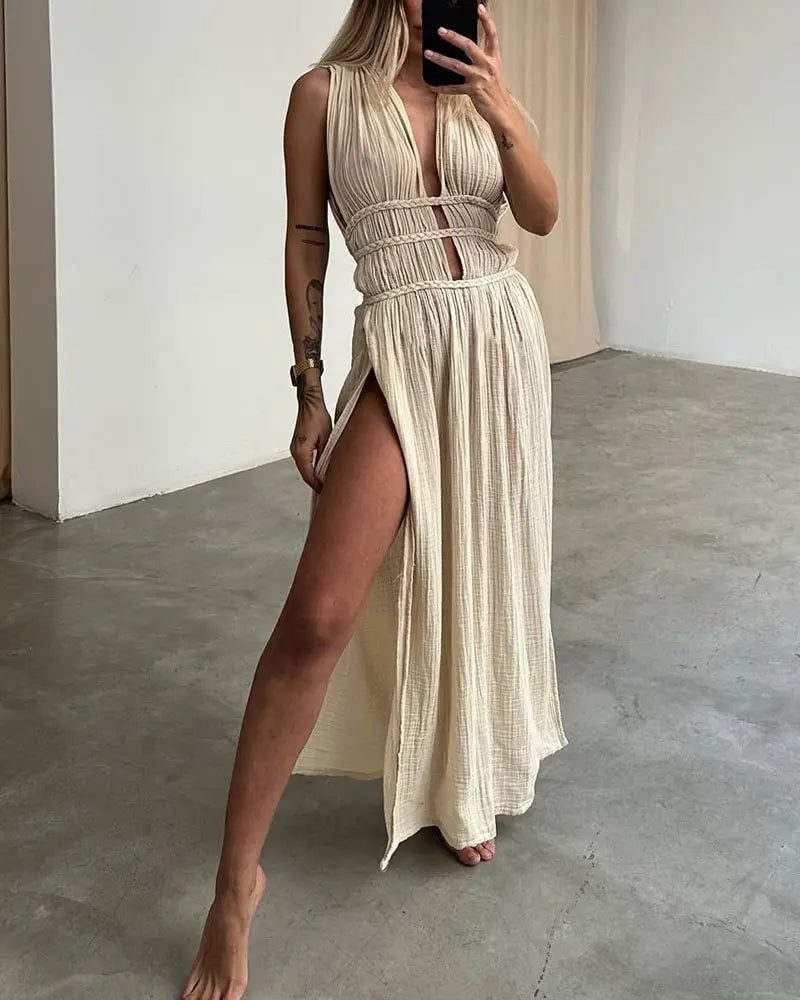 New Summer Hollow Out Dress Off Shoulder Backless High Split Long Dresses Lady Beach Wear Robes