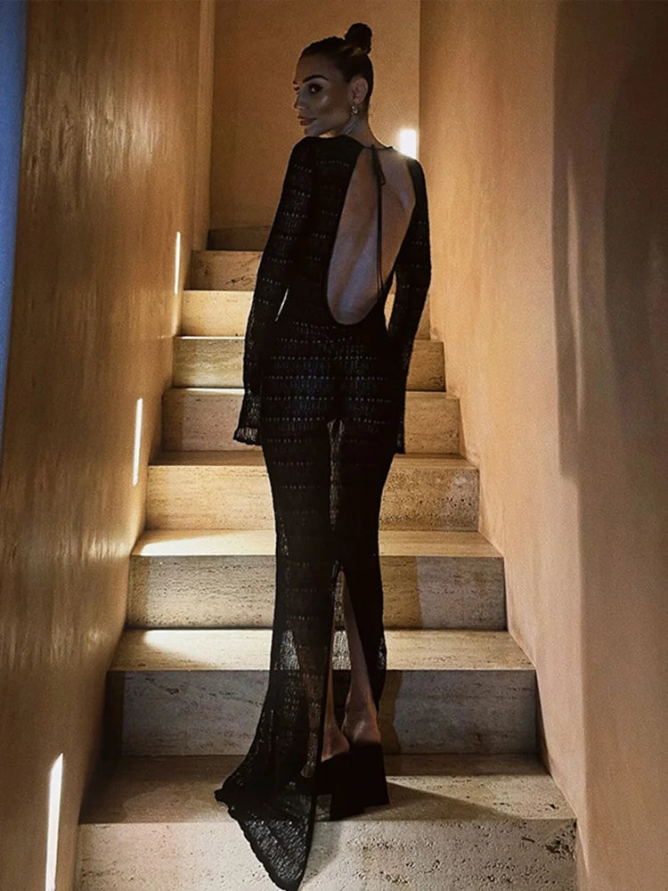 Hollow Out Knitted Long Dress Backless Long Sleeve Slim Maxi Dresses Female Party Beach Holiday
