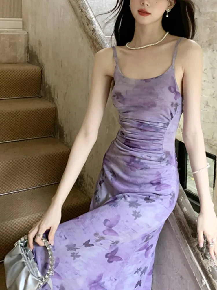 Printed Long Dresses for Mesh Spaghetti Strap Slim A-line Party Dress Summer Korean One Piece Vestido Mujer