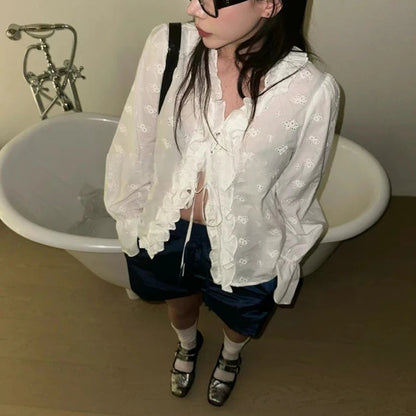 Vneck Ruffled Laceup Loose Longsleeved Shirt Summer New Korean Hollow Color Blouse