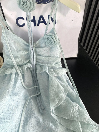 Korean Fairycore Midi Dress for Sweet Spaghetti Strap Halter Ruffles Birthday Party Dresses Summer Holiday Beach Vestidos