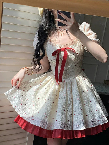 Summer New Sweet Mini Dresse French Square Collar Princess Bow Short Sleeve Dress Party Dresses Vestidos