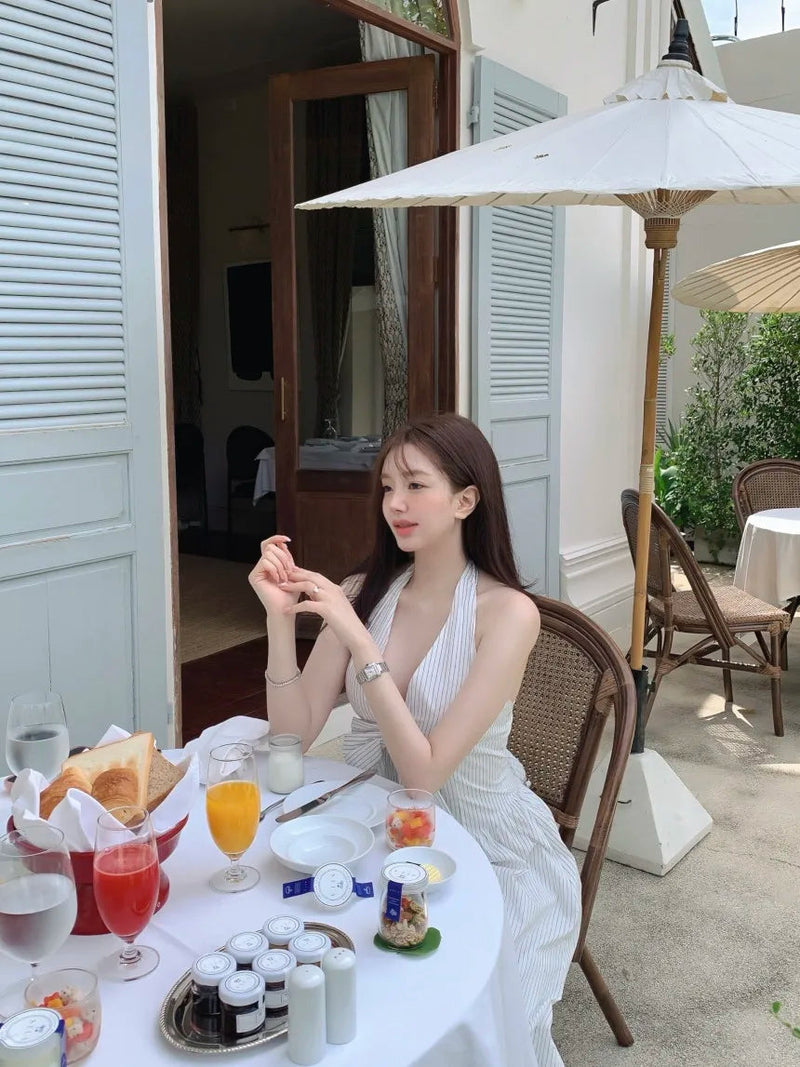 French Vacation Style Hanging Neck Striped Vest Dress Summer New Design Butterfly Bow Long Dresses