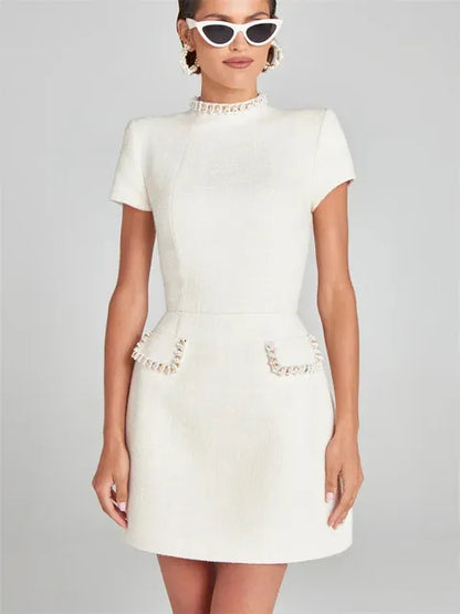 Tosssy Shiny Female Mini Dress Pocket Short Sleeve Patchwork Slim Party Dress Gown ’s Glitter Vntage Dress