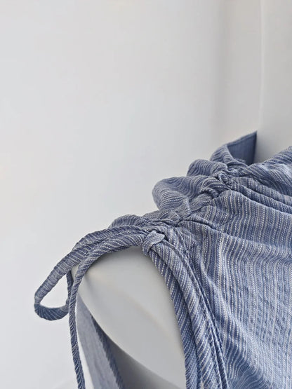 French Blue Striped Drawstring Strap Shirt for Summer Outfit Sweet Girli Irregular Slim Fit Sleeveless Blouses Tops