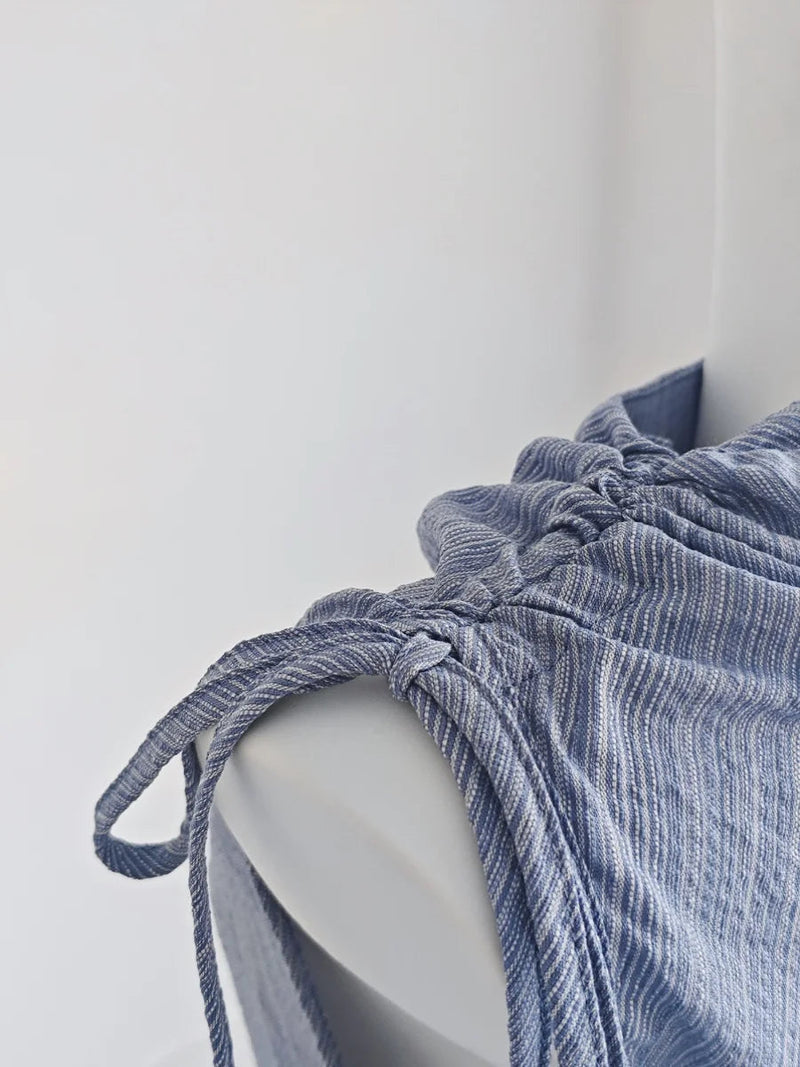 French Blue Striped Drawstring Strap Shirt for Summer Outfit Sweet Girli Irregular Slim Fit Sleeveless Blouses Tops
