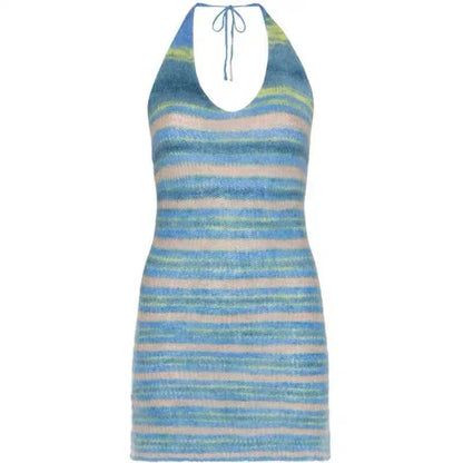 Summer Vneck Striped Halter Knit Beach Dress Backless Stretch French Slim Mini Dress All Match Clothes